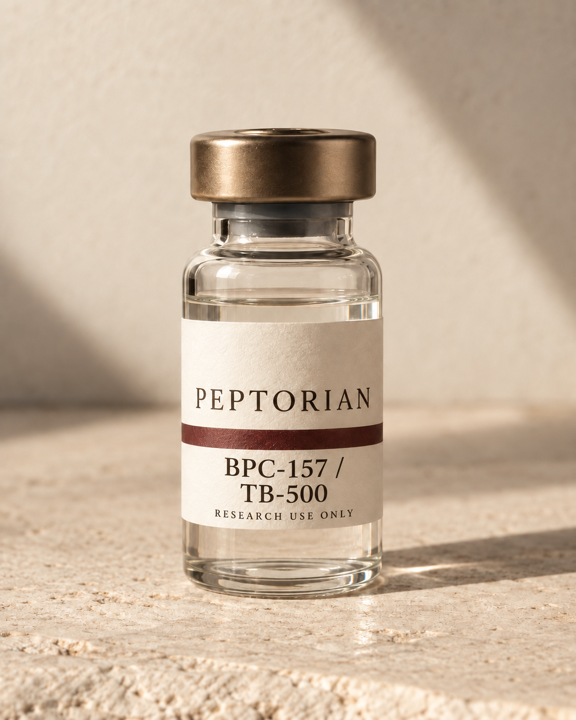 Peptorian BPC-157 / TB-500 bottle with named label, packaging concept