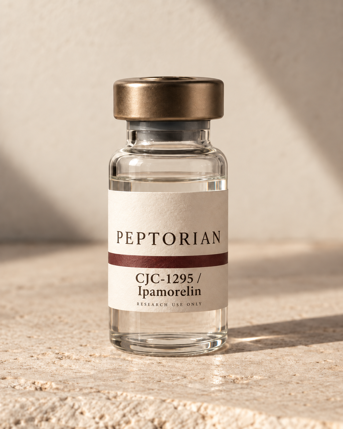 Peptorian CJC-1295 / Ipamorelin bottle with named label, packaging concept
