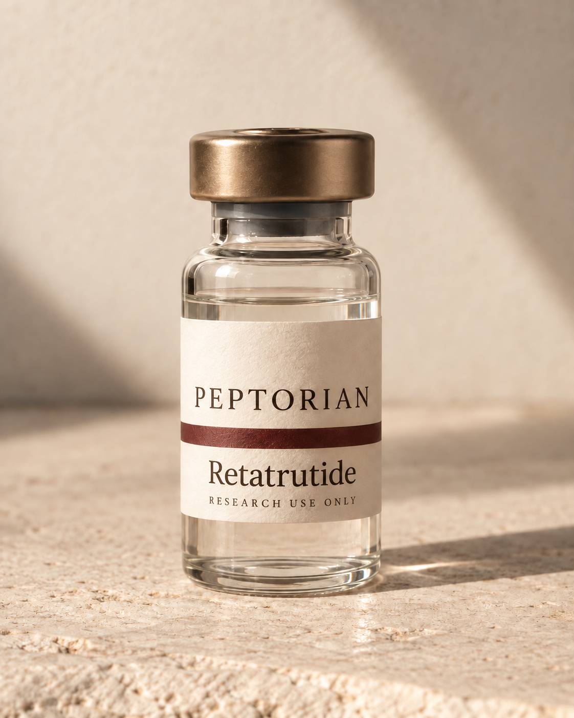 Peptorian Retatrutide bottle with named label, packaging concept